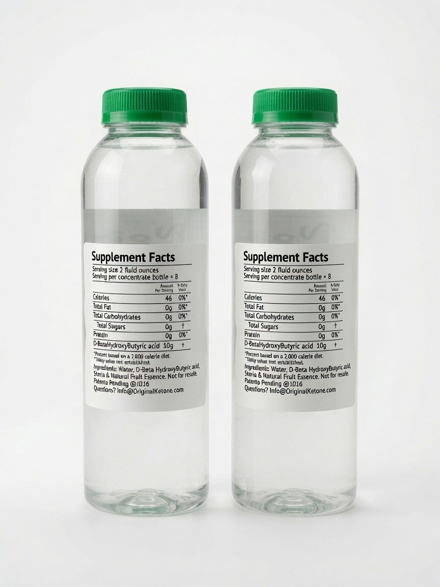 Back of two Original Ketone 80g D-BHB concentrate bottles showing Supplement Facts labels