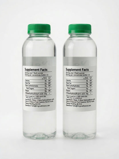 Back of two Original Ketone 80g D-BHB concentrate bottles showing Supplement Facts labels