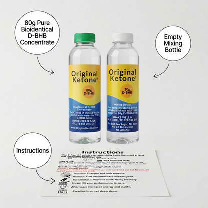 Original Ketone Starter Pack contents: an 80 g bioidentical D-BHB concentrate bottle, an empty labeled mixing bottle, and a printed instruction sheet.